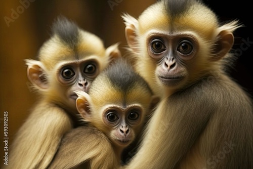 Animals with their young in Thailand Yellow twins born to Leaf Monkeys or Dusky Langurs and their mother, who live in the forest. Generative AI © Vusal