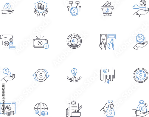 Money outline icons collection. Cash, wealth, funds, coin, currency, income, riches vector and illustration concept set. fortune, capital, pay linear signs