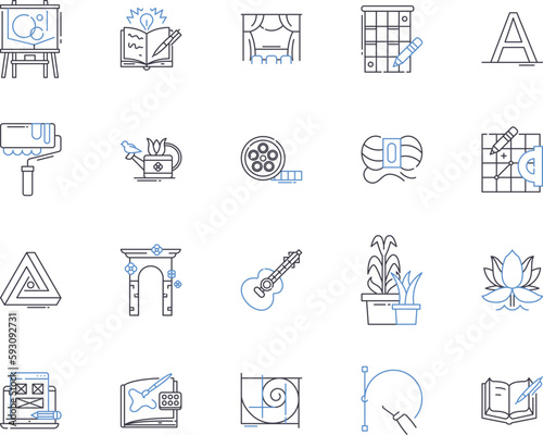 Creative professions outline icons collection. Artist, Photographer, Designer, Architect, Writer, Singer, Sculptor vector and illustration concept set. Animator, Performer, Painter linear signs