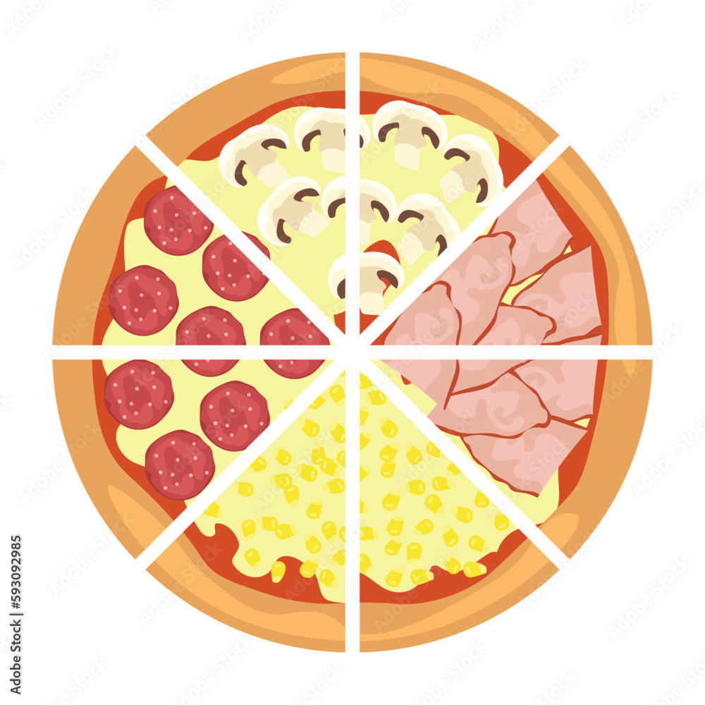 Delicious cut pizza on white background, top view