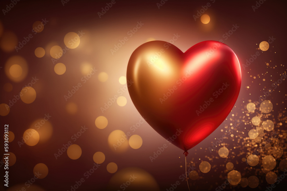 Heart shaped red baloon and golden bokeh lights Generative AI Heart shaped red baloon and golden bokeh lights Generative AI
