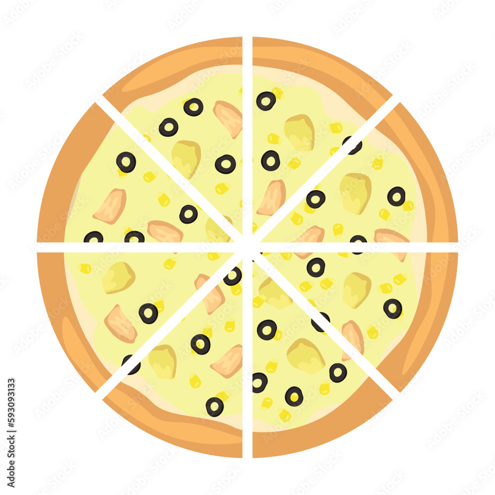 Delicious cut pizza with olives on white background, top view