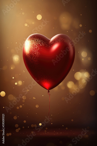 Heart shaped red baloon and golden bokeh lights Generative AI