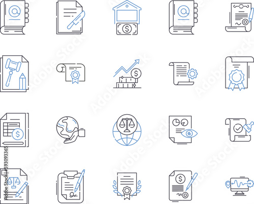 Legal department outline icons collection. Lawyer, Attorney, Litigation, Court, Compliance, Regulation, Contract vector and illustration concept set. Document, Statute, Jurisdiction linear signs