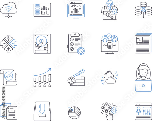 Data and devices outline icons collection. data, devices, computer, laptop, tablet, smartphone, server vector and illustration concept set. cloud, network, internet linear signs
