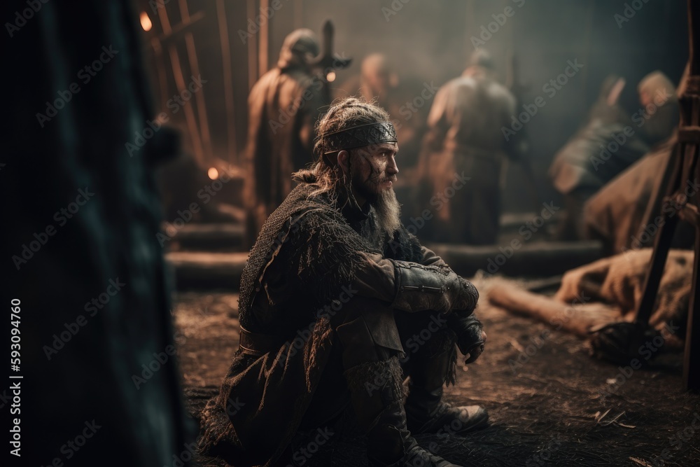 Fototapeta premium Vikings, Normans warriors and generals fighting on the battlefield, epic battle scene. Generative AI