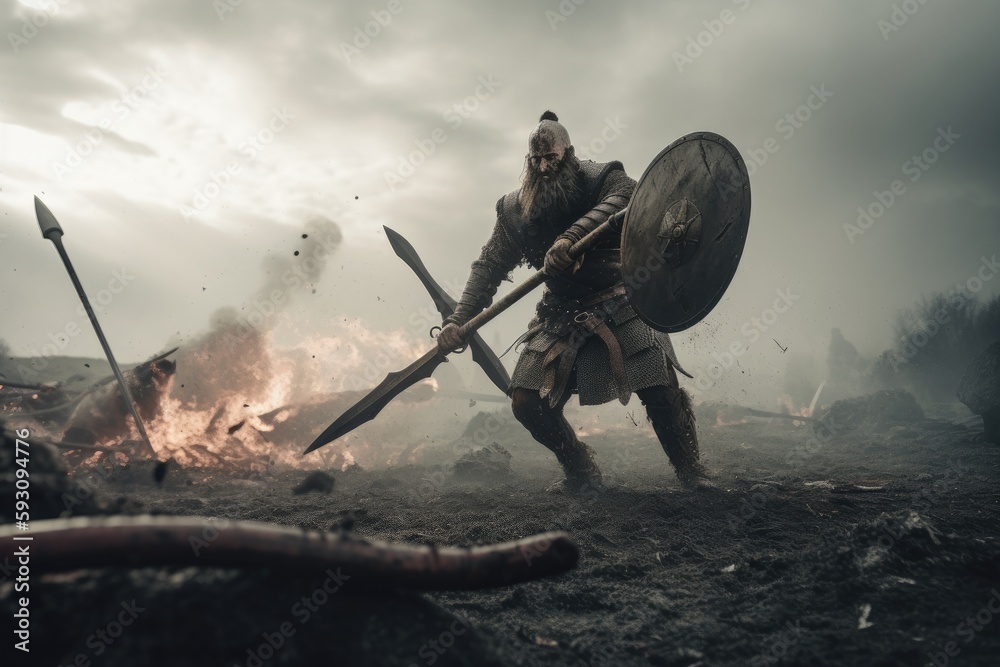 Vikings, Normans warriors and generals fighting on the battlefield, epic battle scene. Generative AI