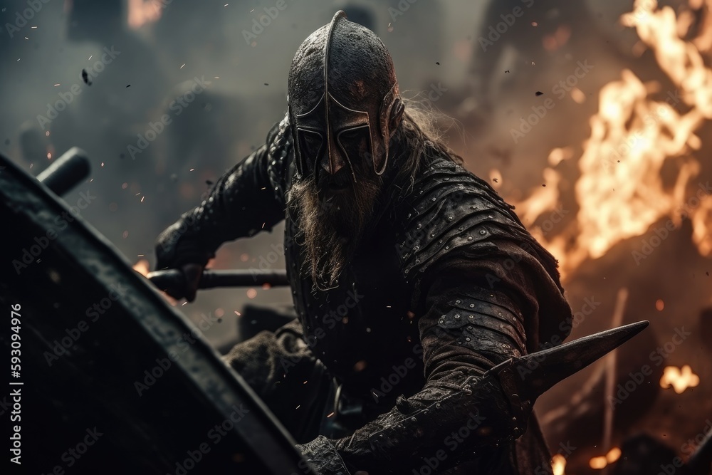 Vikings, Normans warriors and generals fighting on the battlefield, epic battle scene. Generative AI Vikings, Normans warriors and generals fighting on the battlefield, epic battle scene. Generative AI