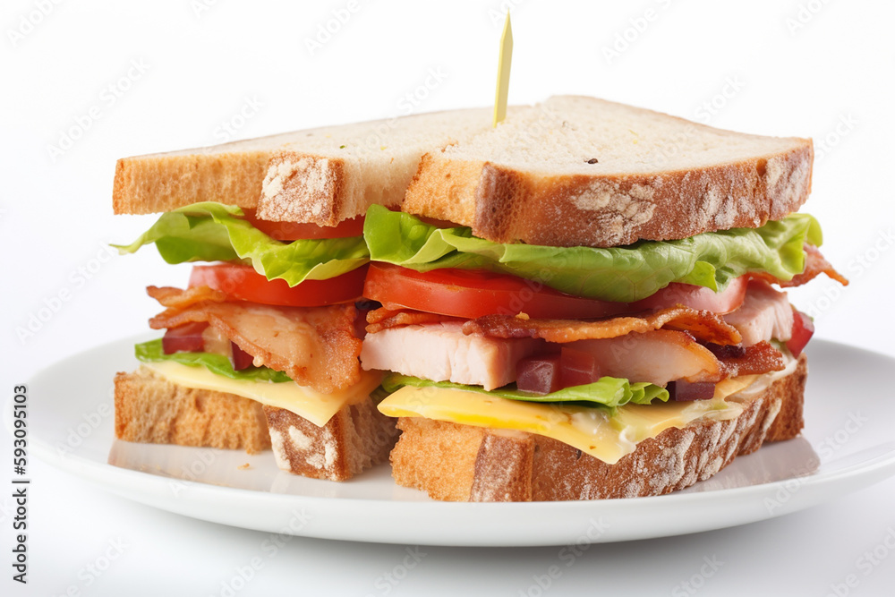 Club sandwich on the white plate on white background. Generative AI Club sandwich on the white plate on white background. Generative AI