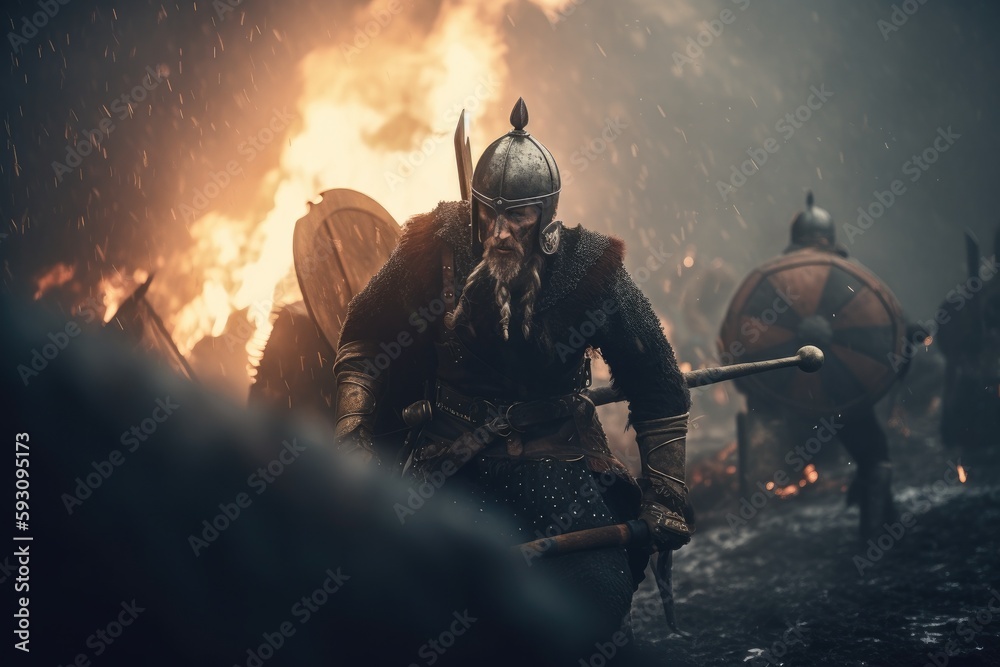 Naklejka premium Vikings, Normans warriors and generals fighting on the battlefield, epic battle scene. Generative AI