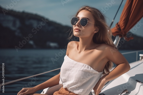 Young beautiful blond woman wearing sun glasses relaxing on a yacht. Generative AI © lanych