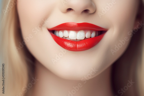 Beautiful smile of a young blond woman with red lipstick white teeth, closeup. Generative AI