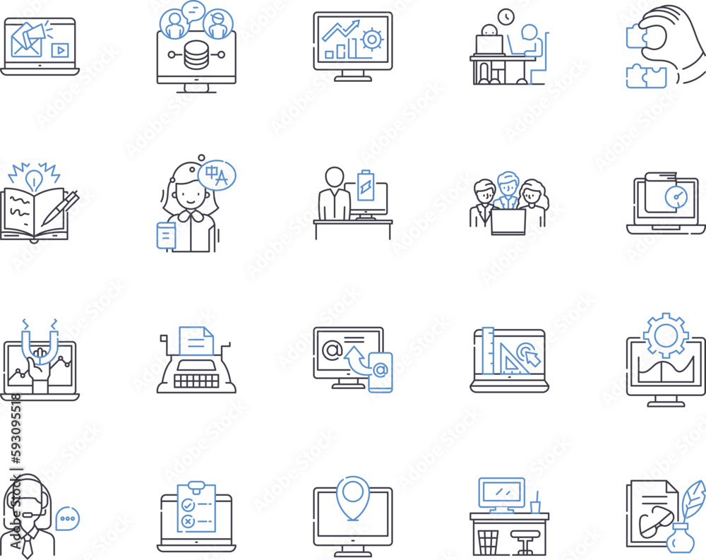 Management and workflow outline icons collection. Workflow, Management, Planning, Organization, Process, Strategies, Efficiency vector and illustration concept set. Coordination, Automation