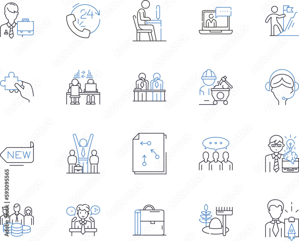 Management department outline icons collection. Managing, Session, Training, Workshop, Business, Leadership, Strategies vector and illustration concept set. Planning, Coaching, Facilitation linear