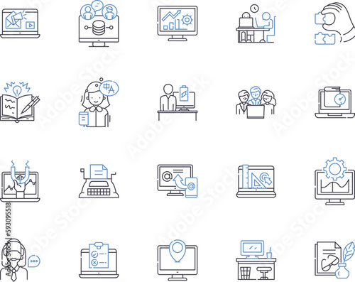 Management and workflow outline icons collection. Workflow, Management, Planning, Organization, Process, Strategies, Efficiency vector and illustration concept set. Coordination, Automation