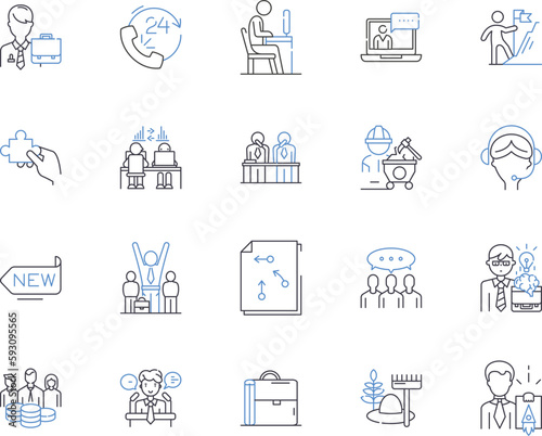 Management department outline icons collection. Managing, Session, Training, Workshop, Business, Leadership, Strategies vector and illustration concept set. Planning, Coaching, Facilitation linear