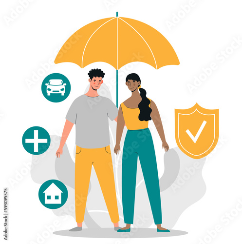 Family under umbrella concept. Metaphor for private property, real estate, car and health insurance. Healthcare and medical service. Building, home or house. Cartoon flat vector illustration