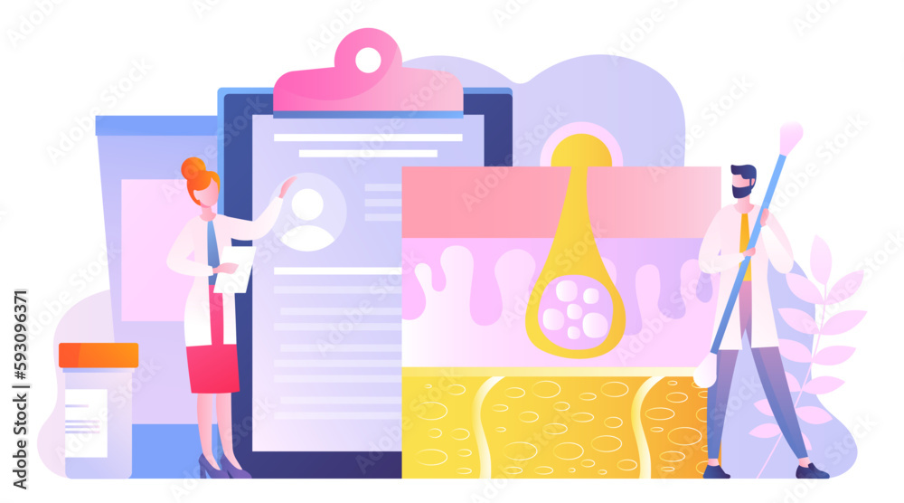 Concept of dermatologist. Man and woman study epidermis. Medical and scientific research. Doctors with medical equipment examining red spots and pimples. Cartoon flat vector illustration Concept of dermatologist. Man and woman study epidermis. Medical and scientific research. Doctors with medical equipment examining red spots and pimples. Cartoon flat vector illustration