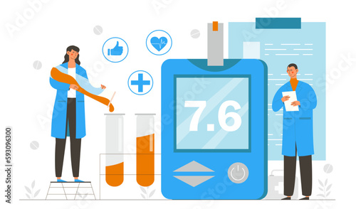 Diabetes mellitus concept. Man and woman with medical equipment for examining level of insulin in blood. Team of doctors with glucose testing meter. Cartoon flat vector illustration