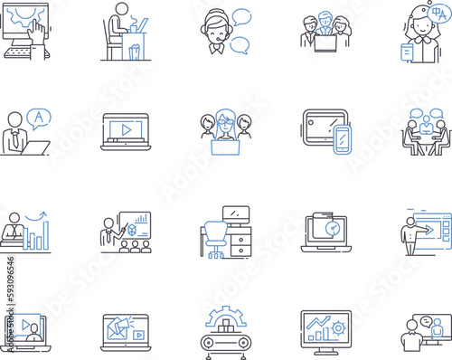 Corporation teamwork outline icons collection. Cooperation, Collaboration, Synergy, Synchronization, Coordination, Groupwork, Collectiveness vector and illustration concept set. Jasmine, Alliance