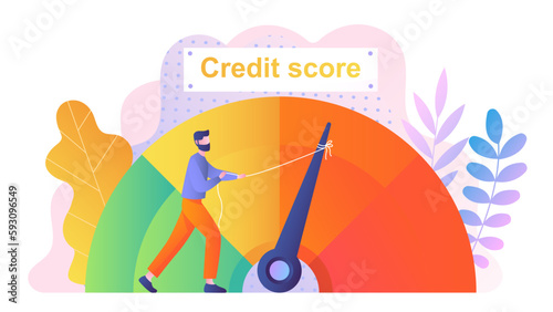 Credit score concept. Man near reputation scale in bank. Mortgage and debt measurement from poor to excellent rating. Young guy with gauge pull arrow. Cartoon flat vector illustration