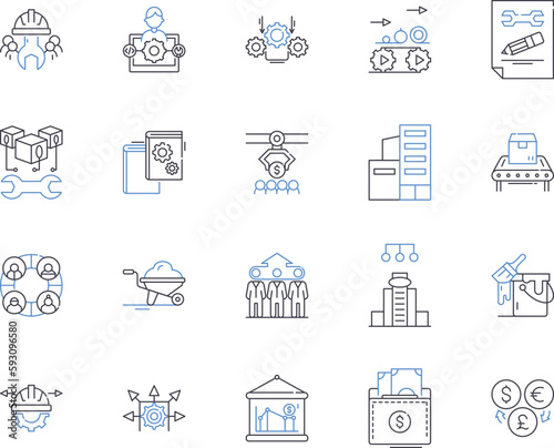 Industrial enterprise outline icons collection. Factory, Enterprise, Industry, Manufacturer, Business, Plant, Conglomerate vector and illustration concept set. Corporation, Company, Mill linear signs