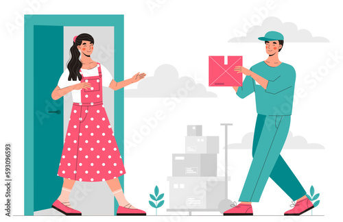 Courier with parcel concept. Man delivers groceries to woman. Online shopping and electronic commerce. Delivery parcel to door, worker in uniform and client. Cartoon flat vector illustration