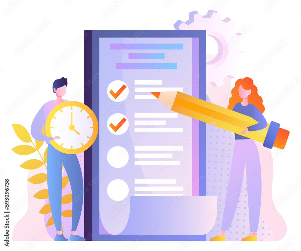 Checklist mobile concept. Man with watch and woman with pencil near list of tasks and goals. Organization of effective workflow and time management, setting deadline. Cartoon flat vector illustration