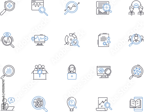 Research outline icons collection. Research, Investigation, Exploration, Analysis, Study, Inquiry, Assay vector and illustration concept set. Breakdown, Examine, Survey linear signs