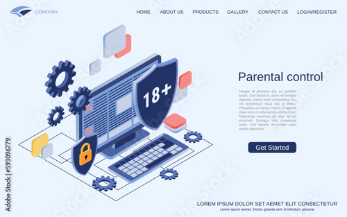 Parental control, access blocking, content prohibition modern 3d isometric vector concept illustration. Landing page design template