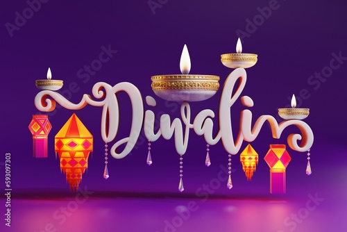 3D rendering for diwali festival Diwali, Deepavali or Dipavali the festival of lights india with gold diya on podium, patterned and crystals on color Background.