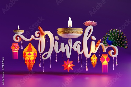 3D rendering for diwali festival Diwali, Deepavali or Dipavali the festival of lights india with gold diya on podium, patterned and crystals on color Background.