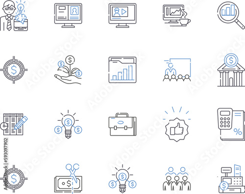 portfolio management outline icons collection. Portfolio, Management, Investment, Asset, Stocks, Bonds, Risk vector and illustration concept set. Analyze, Strategies, Rebalancing linear signs