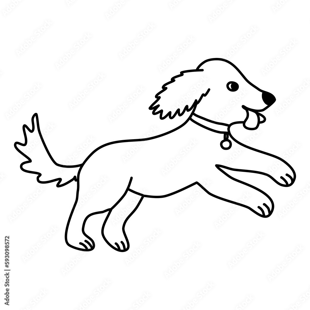 Cute running puppy dog, doodle style flat vector outline for coloring book