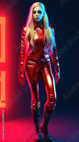  Blonde girl wearing red latex and leather created with generative AI technology