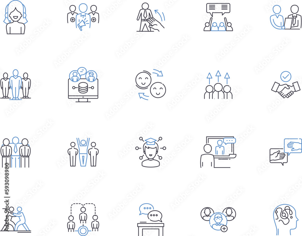 Coaching outline icons collection. Mentoring, Guiding, Instructing, Counselling, Training, LeaderShip, Facilitating vector and illustration concept set. Advisement, Teaching, Teaching linear signs