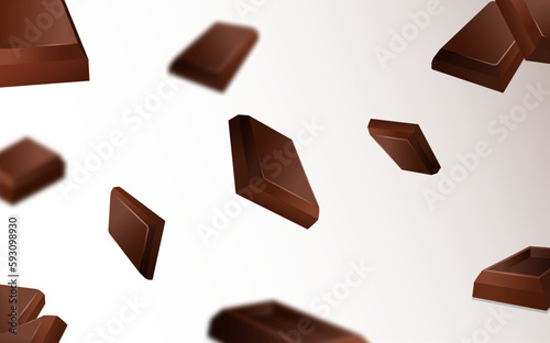 Chocolate falls seamless template. Repeating design element for printing on fabric. Confectionery, delicious and sweet dessert and delicacy. Milk chocolate chunks. Realistic 3D vector illustration