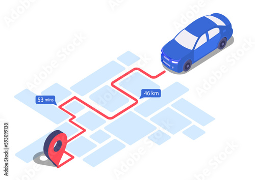 Car route concept. Blue transport on city map with red line to address and pin. Geolocation and navigation, GPS. Creative infographic of roadmap. Cartoon isometric vector illustration