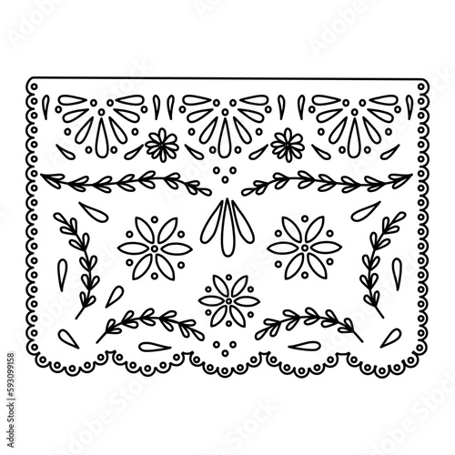 Mexican paper cut flag Papel Picado template design, doodle style vector outline for coloring book