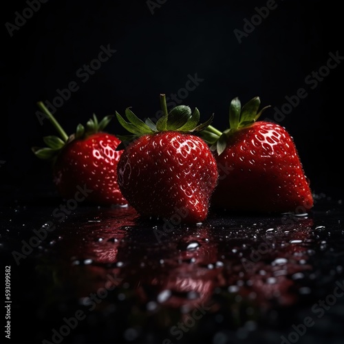 Strawberries with Water Drops, Black Background