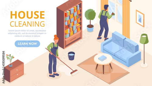 House cleaning concept. Man washes glass, woman with mop cleans carpet. Cleanliness and hygiene, cleaning company employees in uniform. Landing page design. Cartoon isometric vector illustration