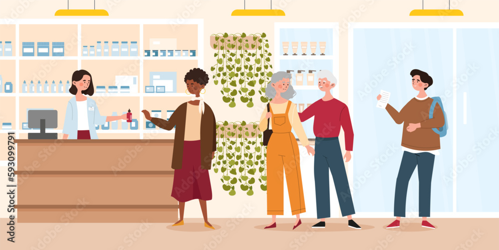 Pharmacist selling drugs. Woman in medical uniform suggests medicines to characters. People in line near cashier. Health care and disease treatment. Pharmacy buying. Cartoon flat vector illustration