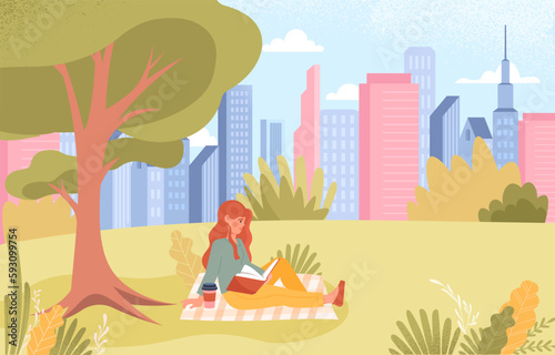 Woman reading book in park. Rest and leisure outdoor, love for literature, useful hobby. Cozy modern summer or spring day. Girl comfortable sitting with book. Cartoon flat vector illustration