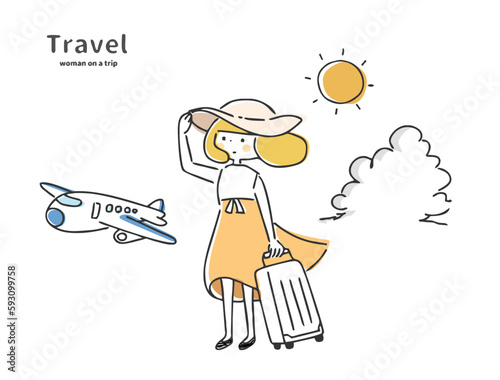 旅行に行く女性のシンプルでおしゃれな線画イラスト