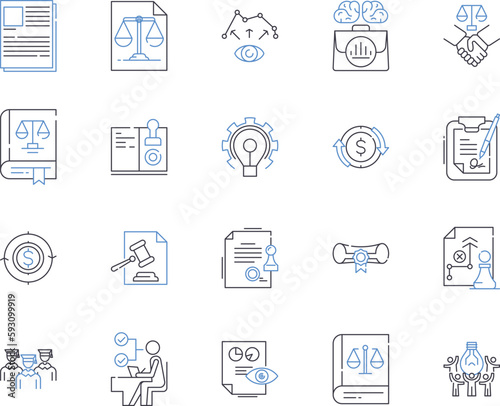 Lawyer outline icons collection. Lawyer, Attorney, Barrister, Advocate, Solicitor, Barrack, Jurist vector and illustration concept set. Counselor, Litigator, Arbitrator linear signs