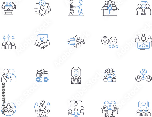 Negotiations outline icons collection. Negotiating, Discussions, Dialogue, Settlement, Arranging, Compromise, Mediation vector and illustration concept set. Bargaining, Consultations, Convincing