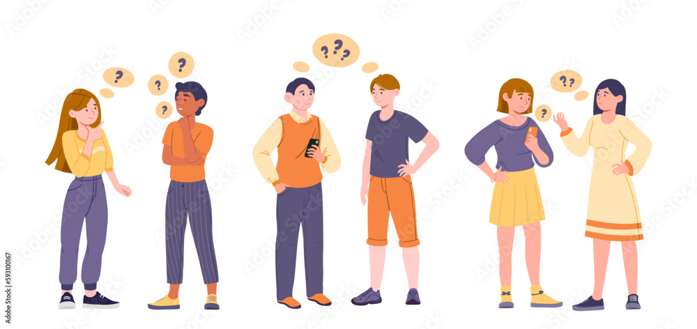 Set of thinking people. Collection of guys and girls with questions. Characters try to solve problem, find answer and solution. Cartoon flat vector illustrations isolated on white background Set of thinking people. Collection of guys and girls with questions. Characters try to solve problem, find answer and solution. Cartoon flat vector illustrations isolated on white background