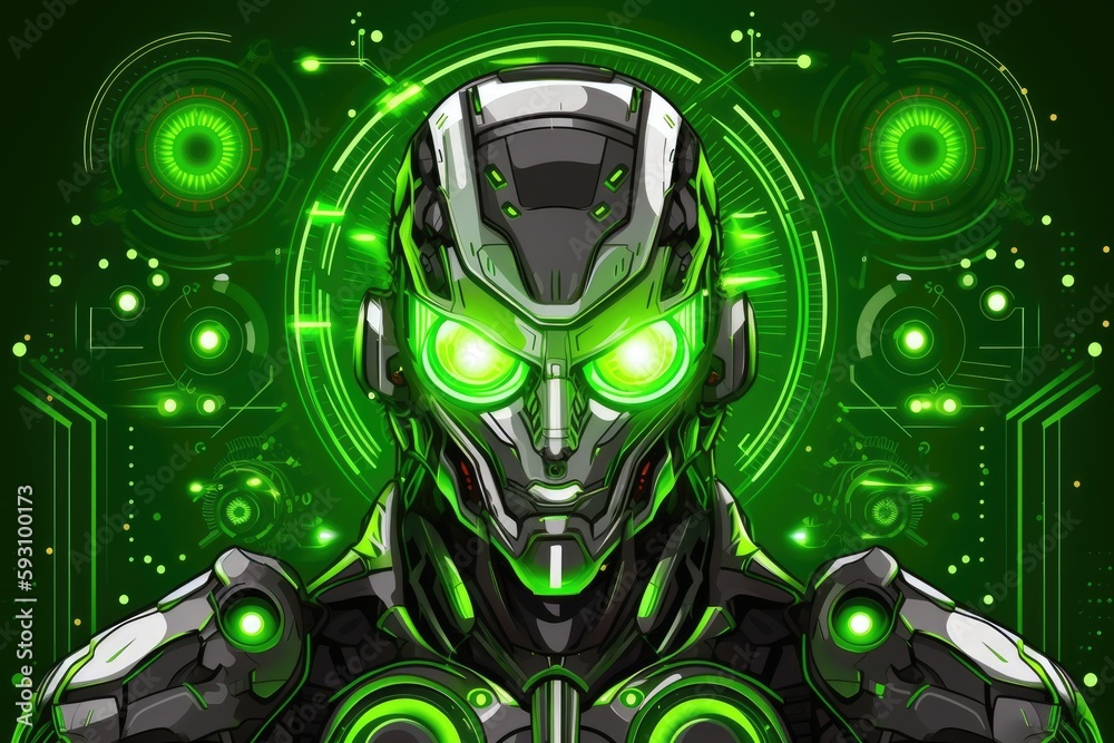 futuristic robot with bright green eyes on a neon green background. Generative AI futuristic robot with bright green eyes on a neon green background. Generative AI