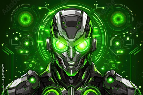 futuristic robot with bright green eyes on a neon green background. Generative AI