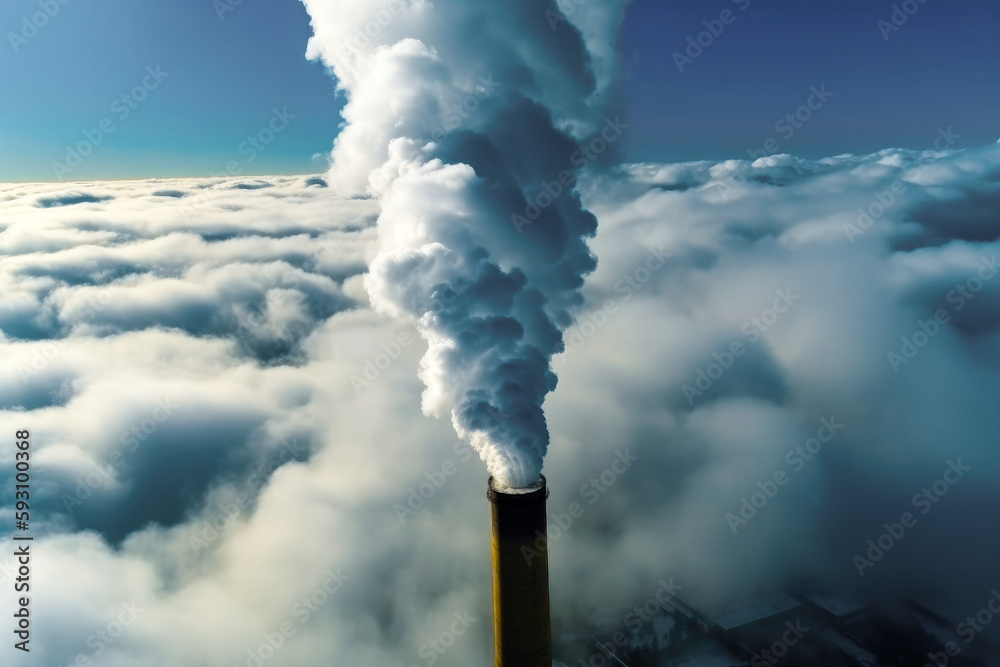 Smoke coming out of a tall smokestack, aerial view with industrial cityscape in background. Pollution is a serious environmental problem. High quality generative AI Smoke coming out of a tall smokestack, aerial view with industrial cityscape in background. Pollution is a serious environmental problem. High quality generative AI